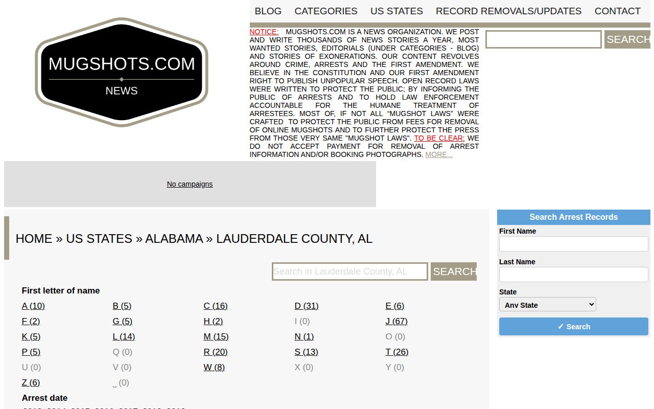 Lauderdale County crime news mugshot archive interface